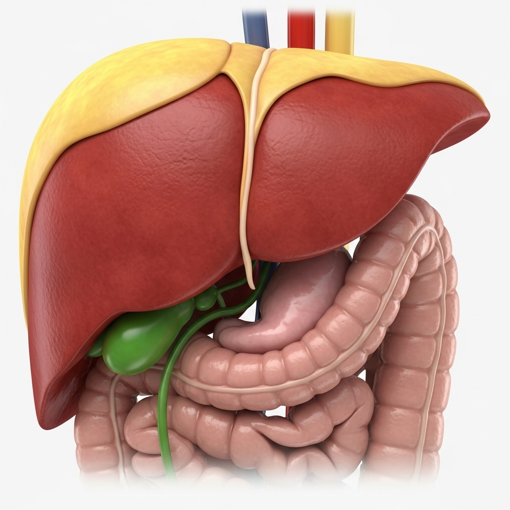 A realistic image of a liver and gallbladder, with subtle yellow tinting around the liver, suggesting impaired function. Context: medical or scientific illustration.