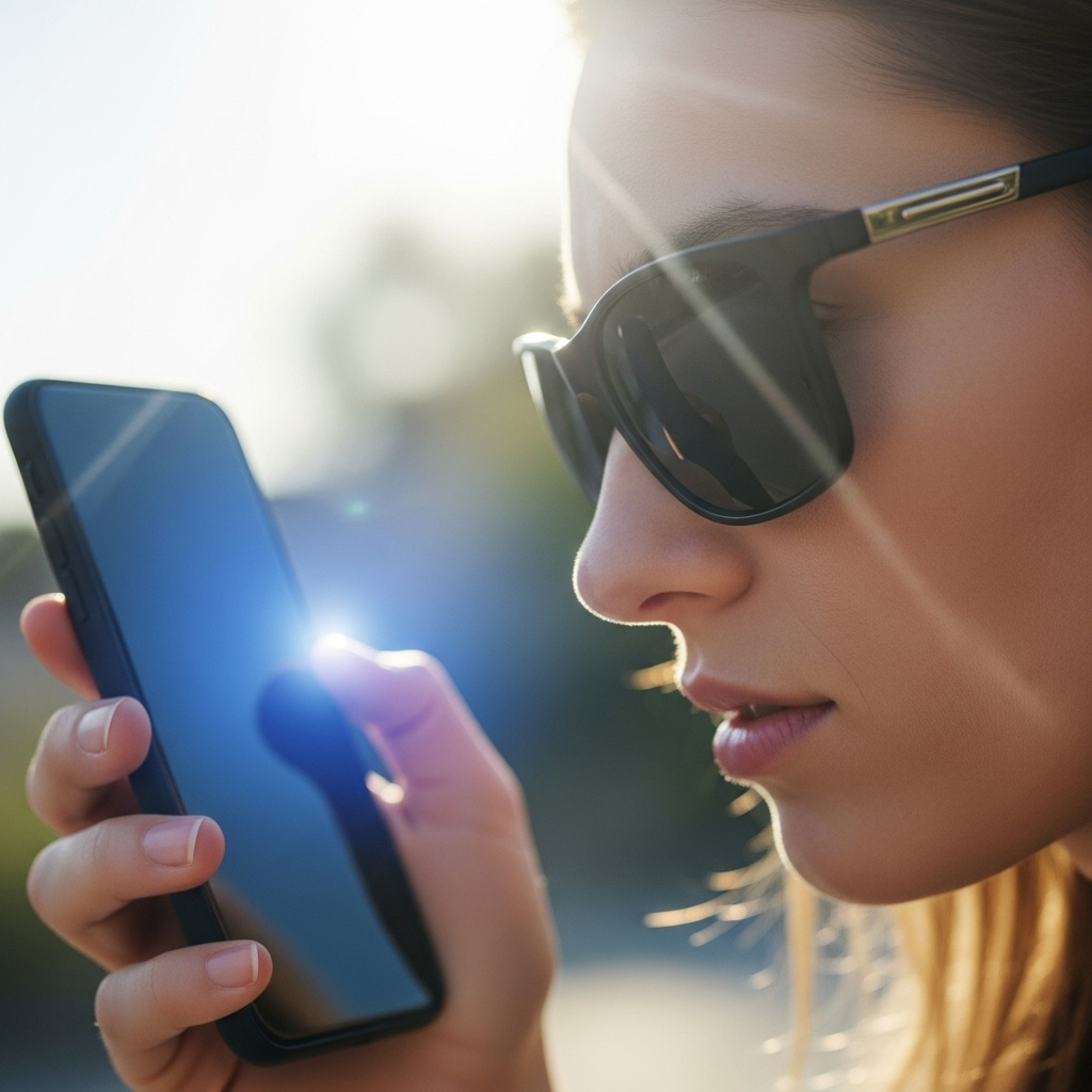 A person wearing sunglasses outdoors, looking at a smartphone, with rays of sun and blue light subtly hitting their eyes. Style: clean, modern, emphasizing prevention.