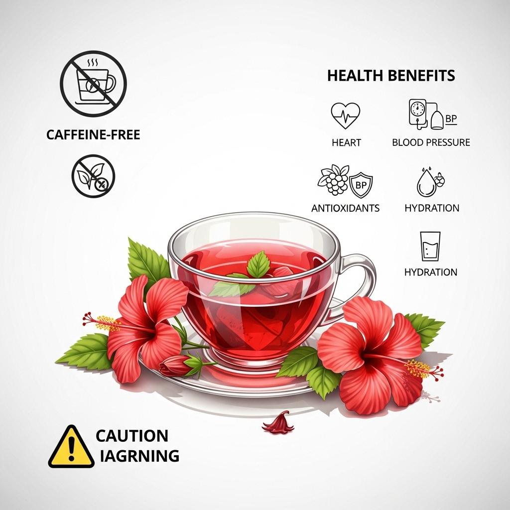 clean infographic showing hibiscus tea, icons for caffeine-free, health benefits, cautious sign for pregnancy, bright natural lighting, simple modern background, no text