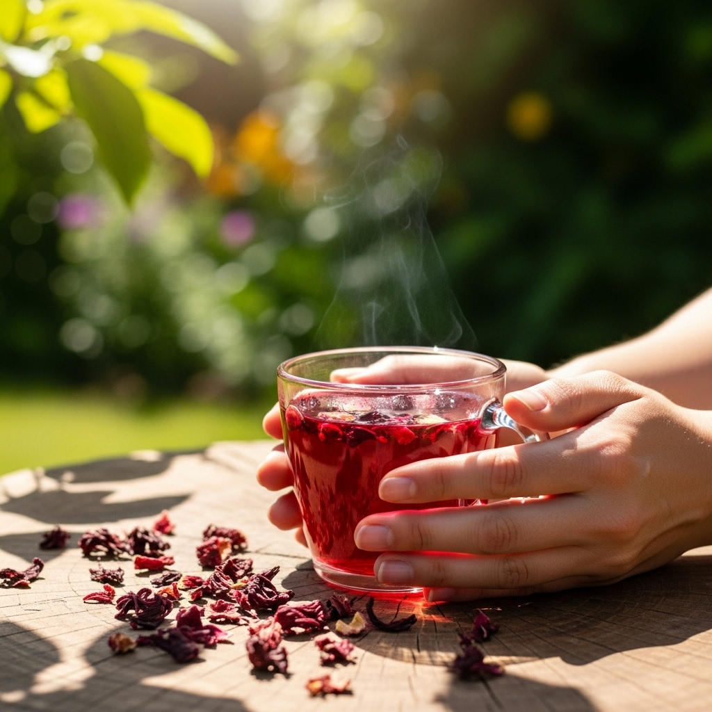 lifestyle photography of someone enjoying hibiscus tea outdoors, with focus on tea, natural elements, and a relaxing mood, bright lighting, no text 히비스커스 효능, 카페인 영향과 임산부 섭취 주의 7가지 핵심 정보
