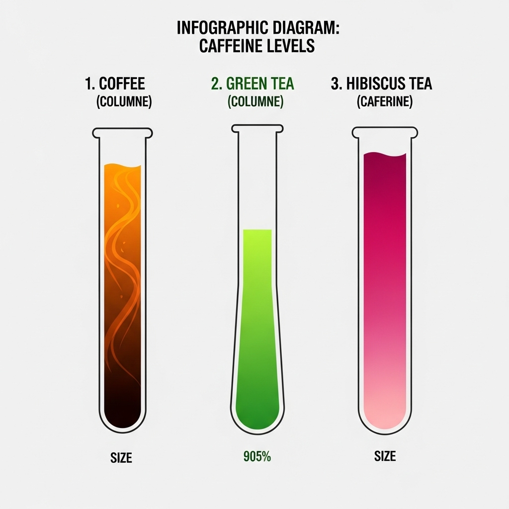 clean infographic diagram comparing caffeine levels in coffee, green tea, and hibiscus tea, vivid color contrast, no text