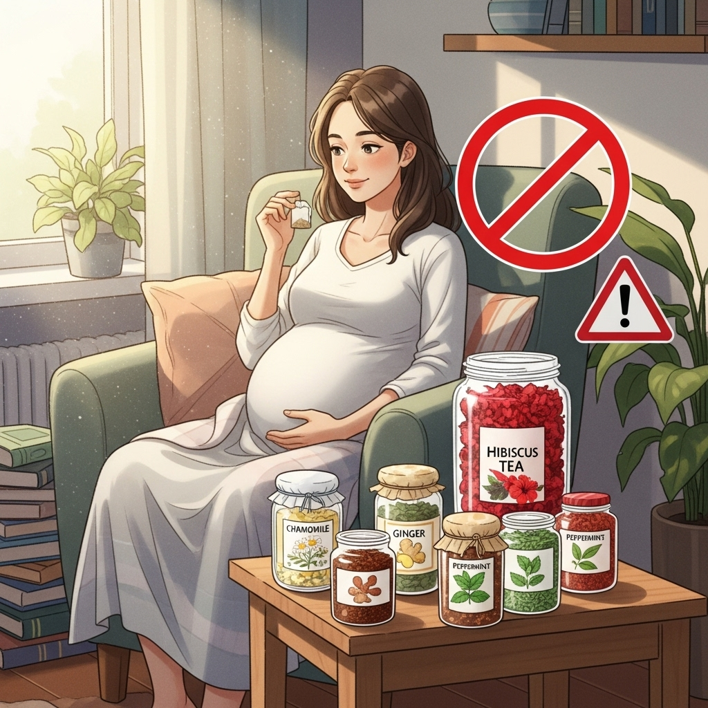 illustration of pregnant woman considering teas, with a red warning symbol near hibiscus, gentle cozy home environment, soft lighting, no text
