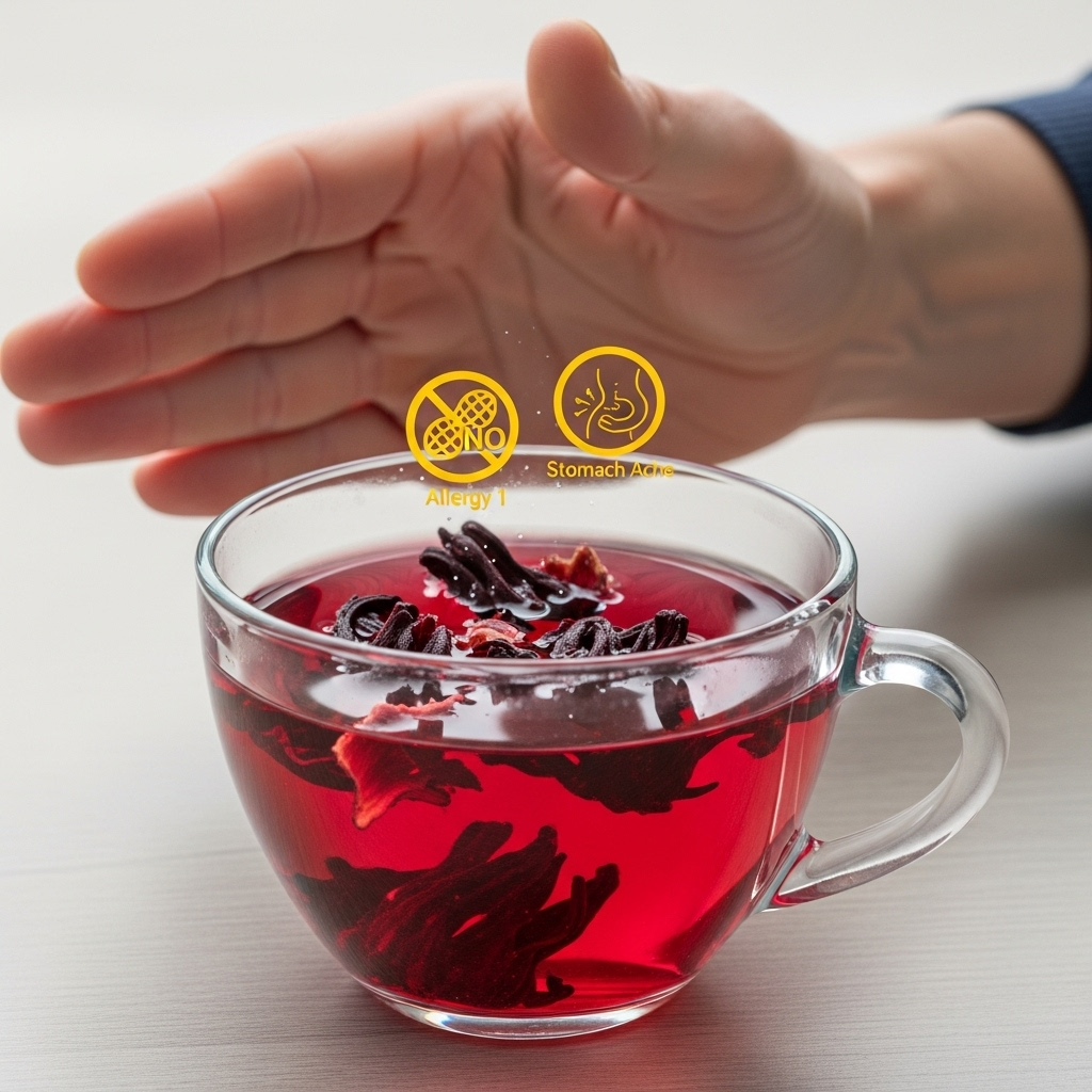 realistic depiction of a hand stopping at a cup of hibiscus tea, with small warning icons for allergy or stomach ache, neutral background, clear detail, no text