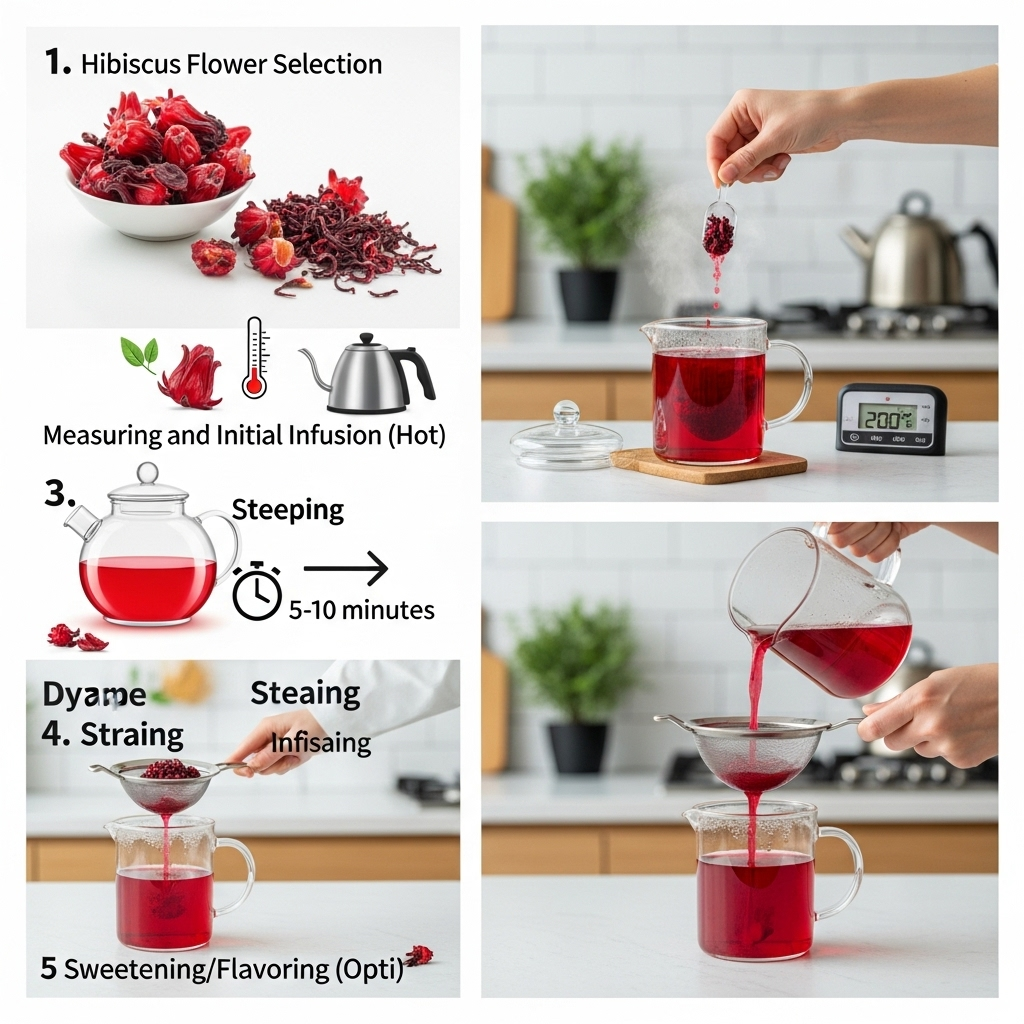 clean infographic showing the step-by-step process of making hibiscus tea at home, including timing, temperature, and serving suggestions, modern kitchen background, no text