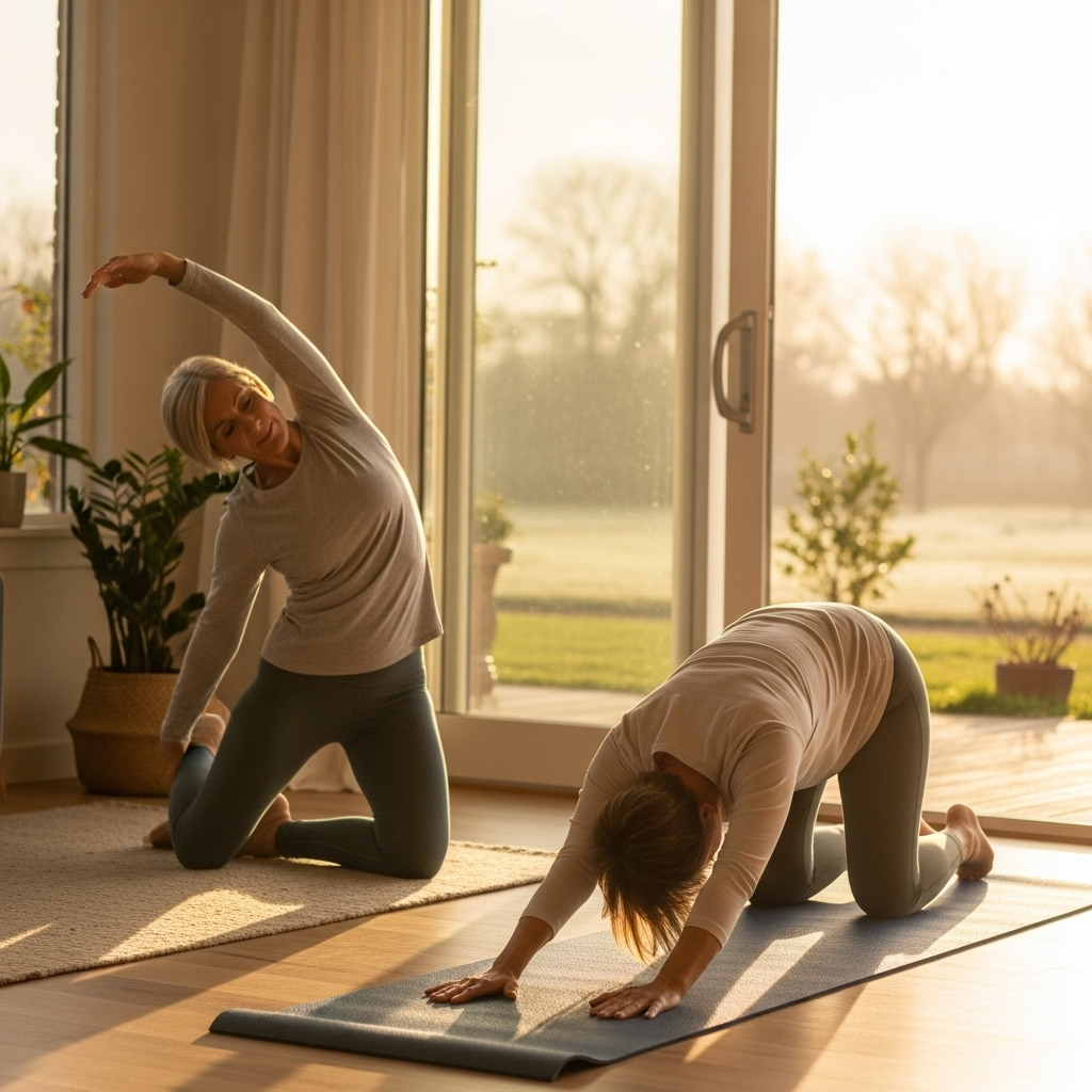 Warm lifestyle photography showing an active middle-aged person stretching in morning sunlight, healthy lifestyle scene with energy and vitality. Soft lighting, human-centered composition, emotional atmosphere. No text. 코엔자임 Q10 효능과 부작용, 이것만은 꼭 알고 드세요