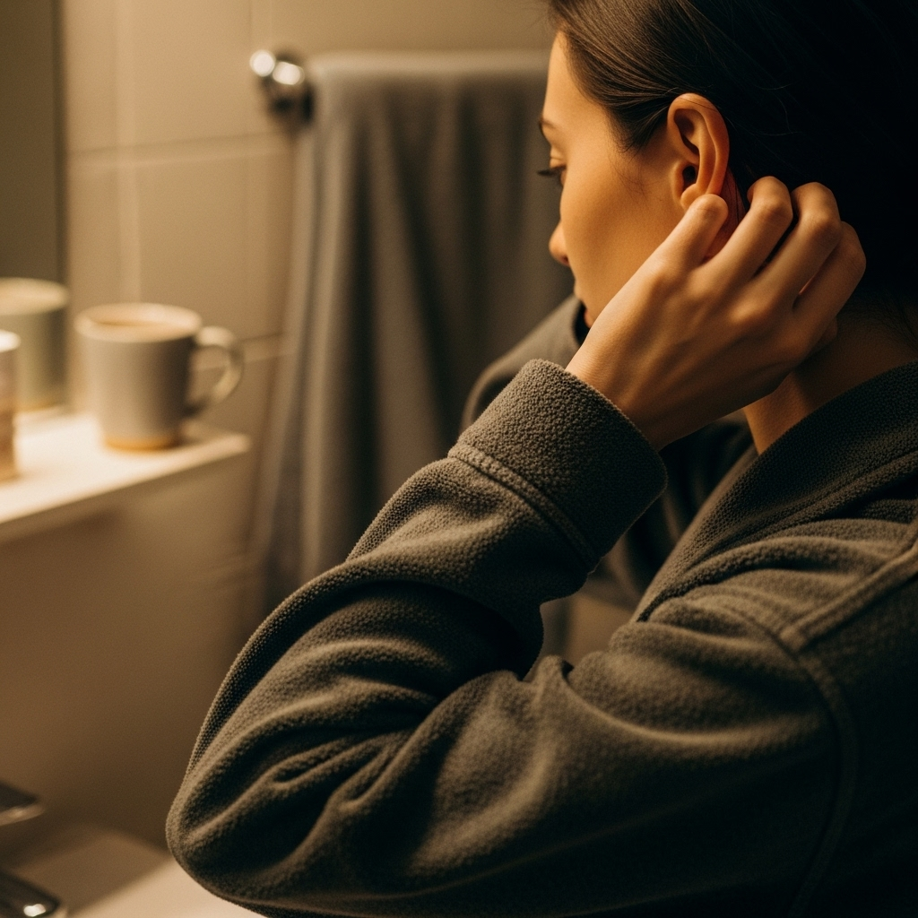 Warm lifestyle photography showing a relatable everyday scene of someone gently touching their ear behind the head in a cozy bathroom setting. Soft lighting, human-centered composition, emotional atmosphere. No text. 왼쪽 오른쪽 귀 뒤 멍울, 혹시 무시해도 괜찮을까요?