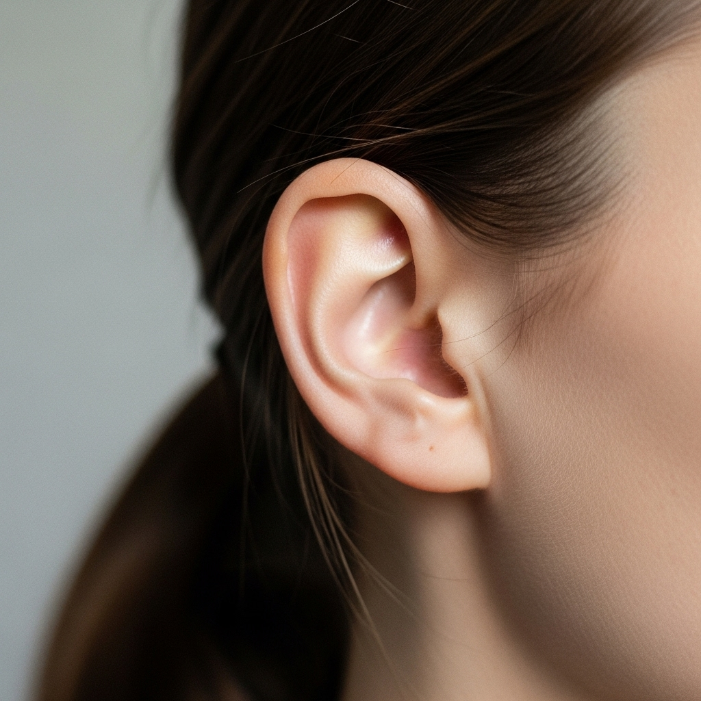 Modern minimal photography showcasing close-up details of a person with their hair pulled back, revealing the area behind the ear. Clean composition, natural lighting, focus on key elements. No text.