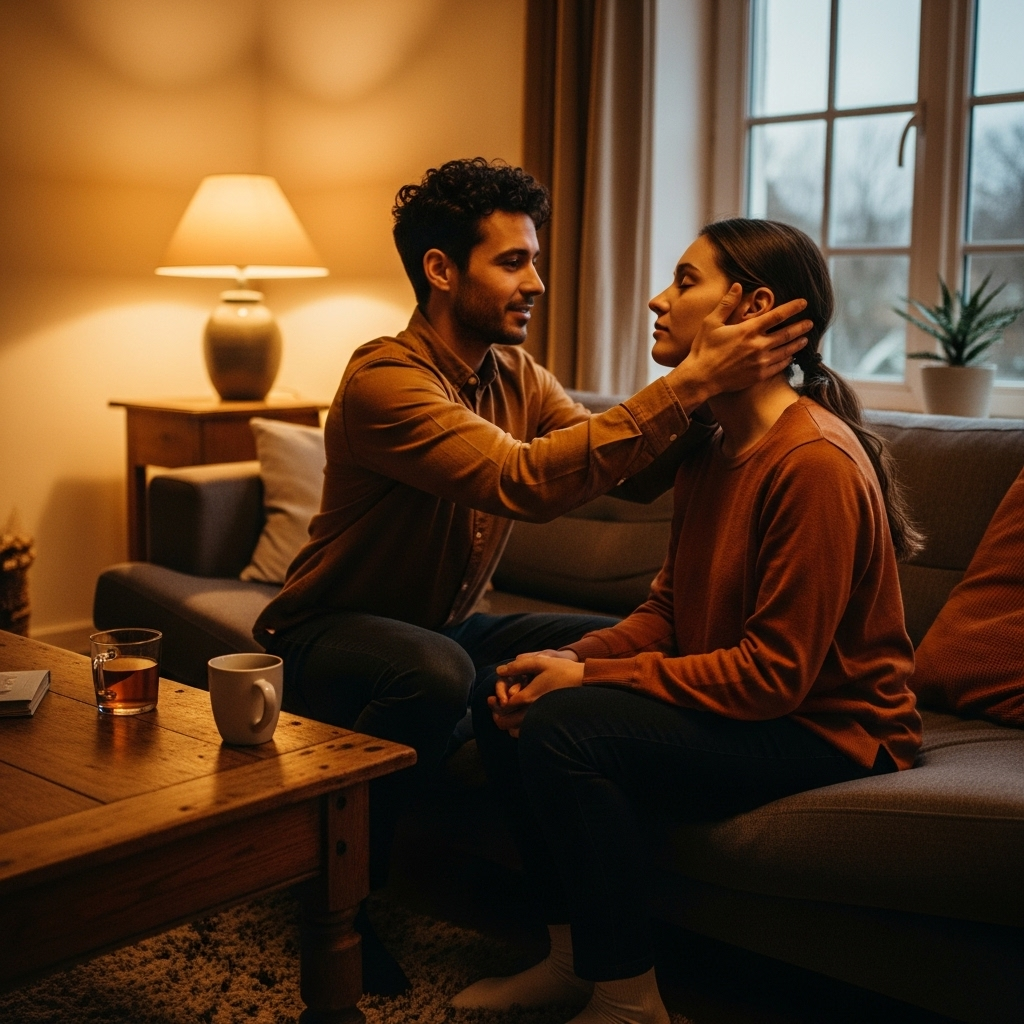 Emotional lifestyle scene bringing together a family moment, where someone gently checks another’s head or neck, expressing care and concern. Warm tones, inviting atmosphere, human touch. No text.