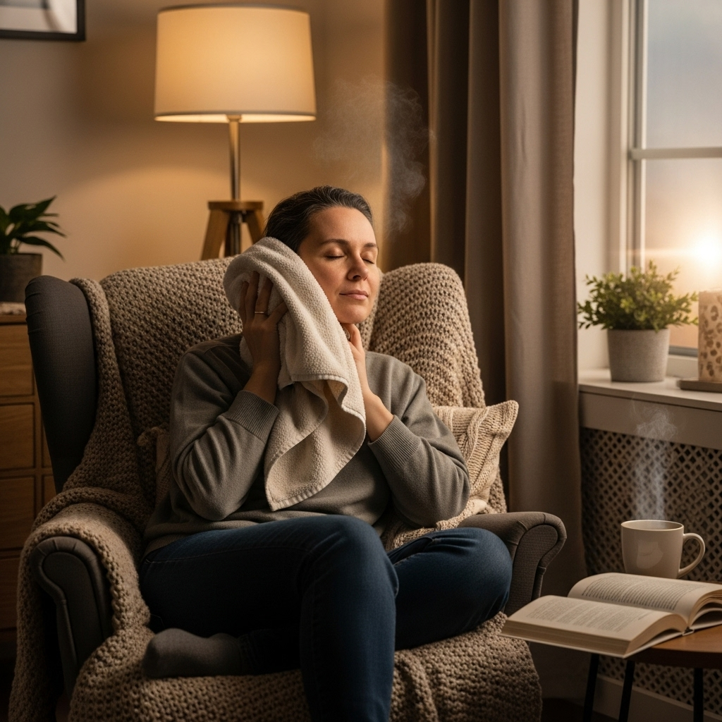Soft illustration with storytelling feel, showing a person relaxing at home, gently holding a warm towel near their ear. Warm ambient light, cozy setting, no text.