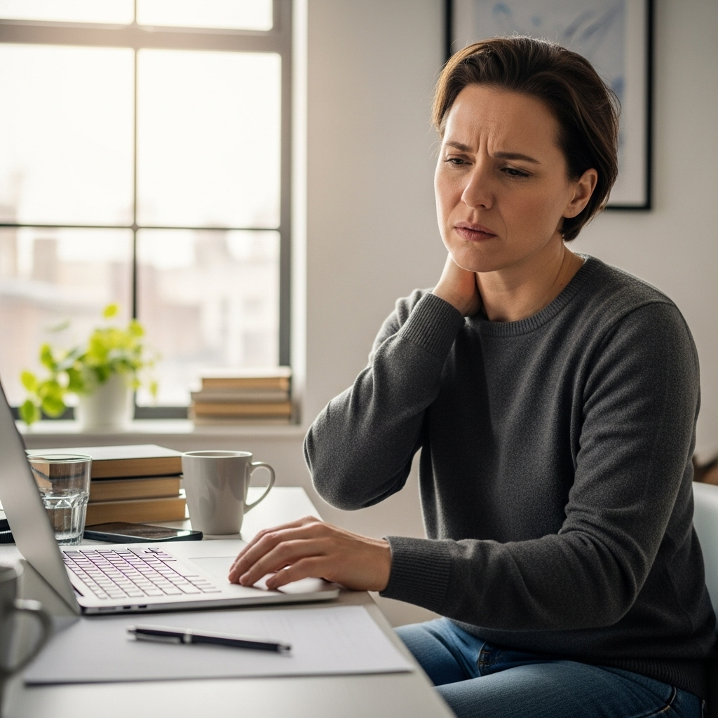 A person experiencing shoulder blade pain, looking uncomfortable, with a subtle indication of daily activities like sitting at a computer. Lifestyle photography, natural lighting, and a focused expression on discomfort. No text. 등날개뼈통증 원인과 효과적인 대처법 5가지: 해결책은?