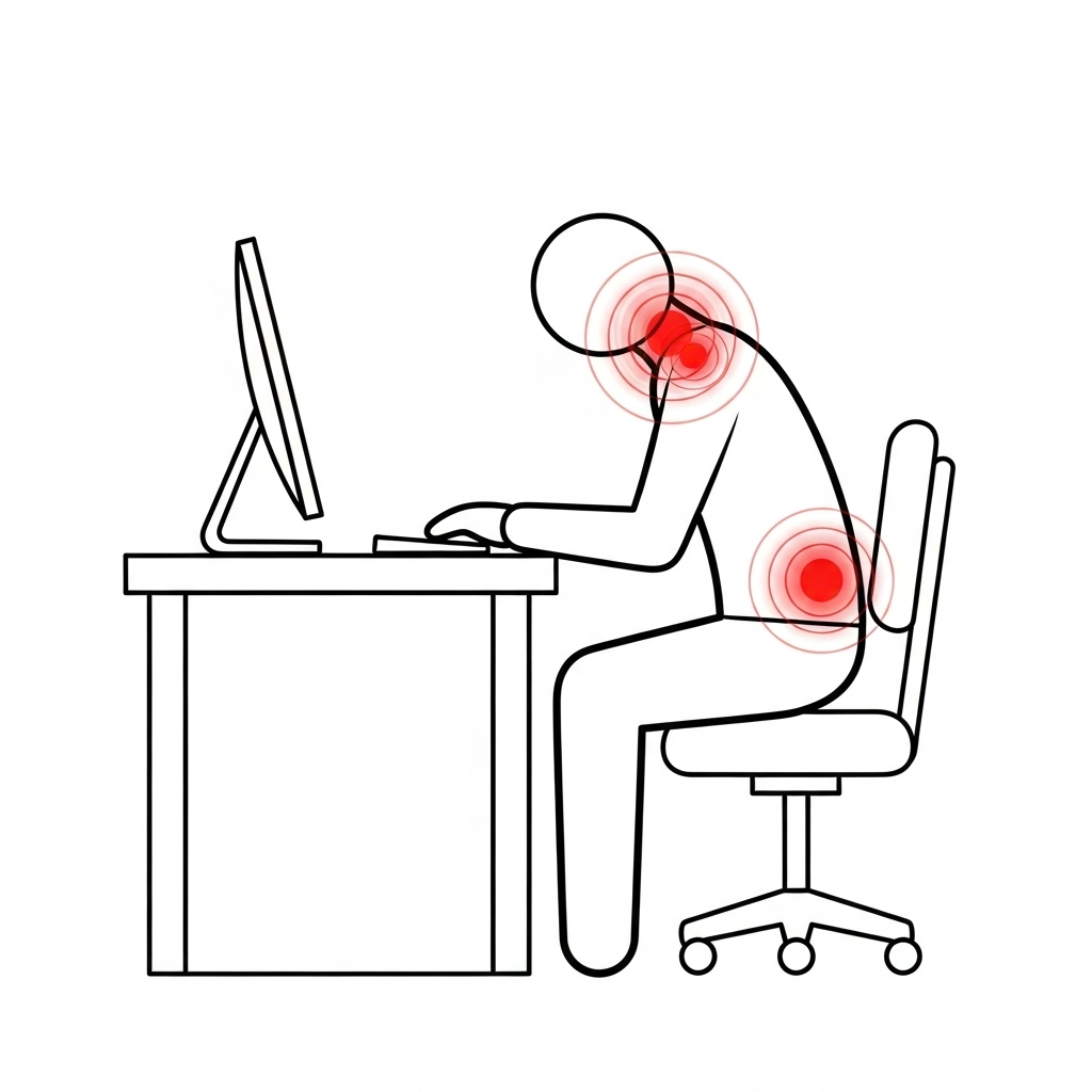 A person slouching at a computer desk, highlighting poor posture causing back and shoulder discomfort. The image should be a clean infographic style, clearly showing stress points around the shoulder blades and neck. No text.