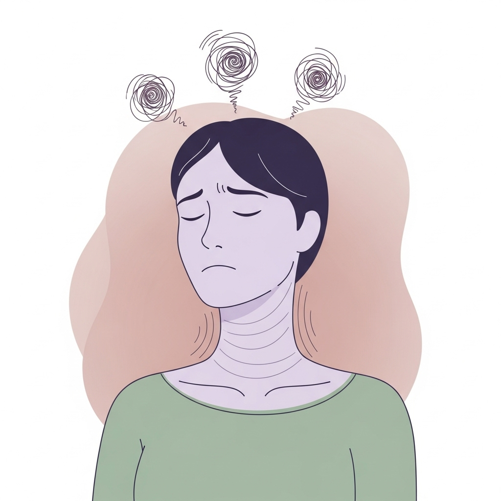 A stylized illustration of a person feeling stressed, with lines indicating tension in the neck and shoulder area, possibly with abstract stress symbols. The illustration should use soft, calming colors, but still convey the feeling of tension. No text.