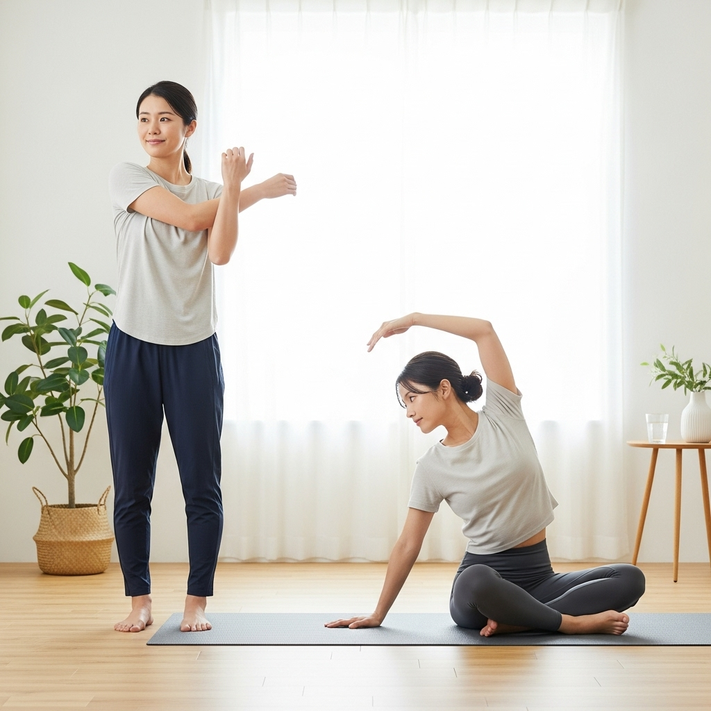 A person performing a simple shoulder and back stretch, demonstrating good posture and movement for pain relief. The scene is bright and encouraging, suggesting a home or light exercise environment. Lifestyle photography, no text.
