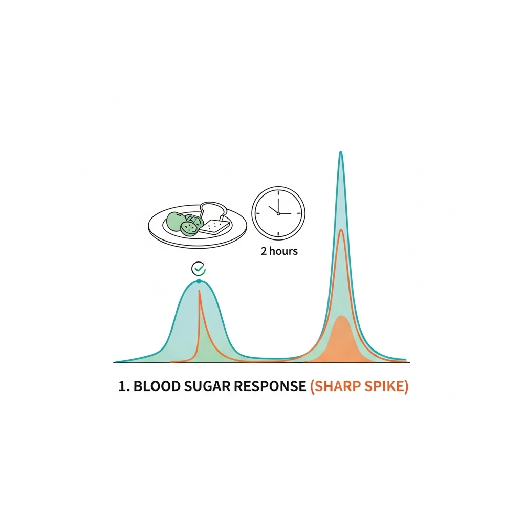 A clean infographic showing blood sugar levels rising after a meal, with a gentle curve indicating a healthy response and a sharp spike indicating an unhealthy response. Include elements like a plate of food and a clock indicating 2 hours. Style: clean infographic, no text. 식후혈당정상수치: 140mg/dL 이하여야 하는 5가지 이유와 관리법