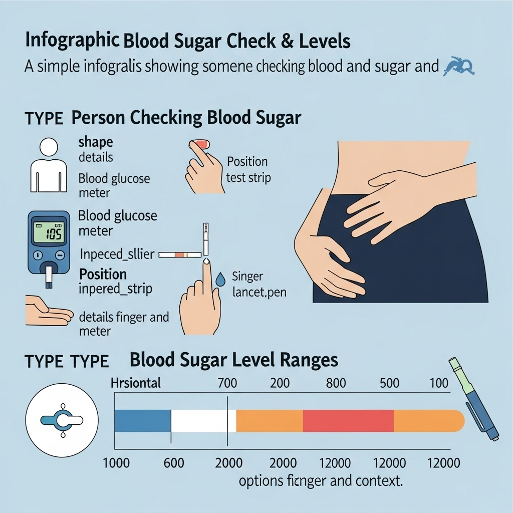 A simple, clean infographic showing a person checking their blood sugar with a meter, next to a diagram illustrating the ranges of normal, pre-diabetic, and diabetic blood sugar levels. Clear, easy-to-understand visuals, no text. 식후혈당정상수치: 140mg/dL 이하여야 하는 5가지 이유와 관리법