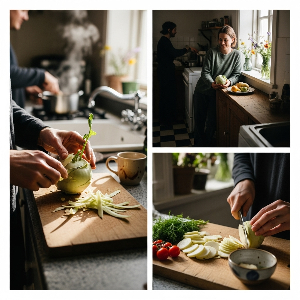 Warm lifestyle photography showing a relatable everyday scene such as preparing fresh kohlrabi in a cozy kitchen. Soft lighting, human-centered composition, emotional atmosphere. No text. 콜라비 효능, 부작용 제대로 알면 건강에 도움이 될까요?
