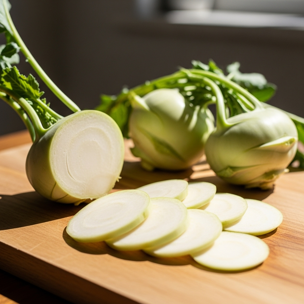 Modern minimal photography showcasing sliced kohlrabi on a wooden cutting board with natural sunlight. Clean composition, focus on freshness. No text.
