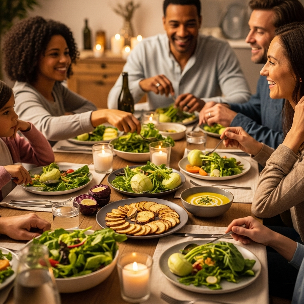 Emotional lifestyle scene showing family sharing a healthy meal with kohlrabi dishes on the table. Warm tones, inviting atmosphere, human touch. No text.