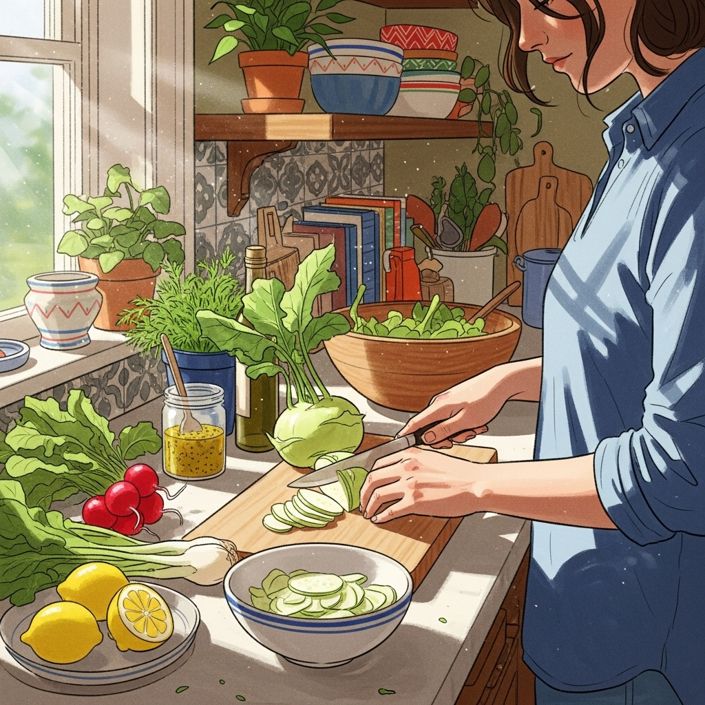 Warm lifestyle illustration of someone preparing kohlrabi salad at home, natural daylight, inviting emotions, kitchen atmosphere. No text.
