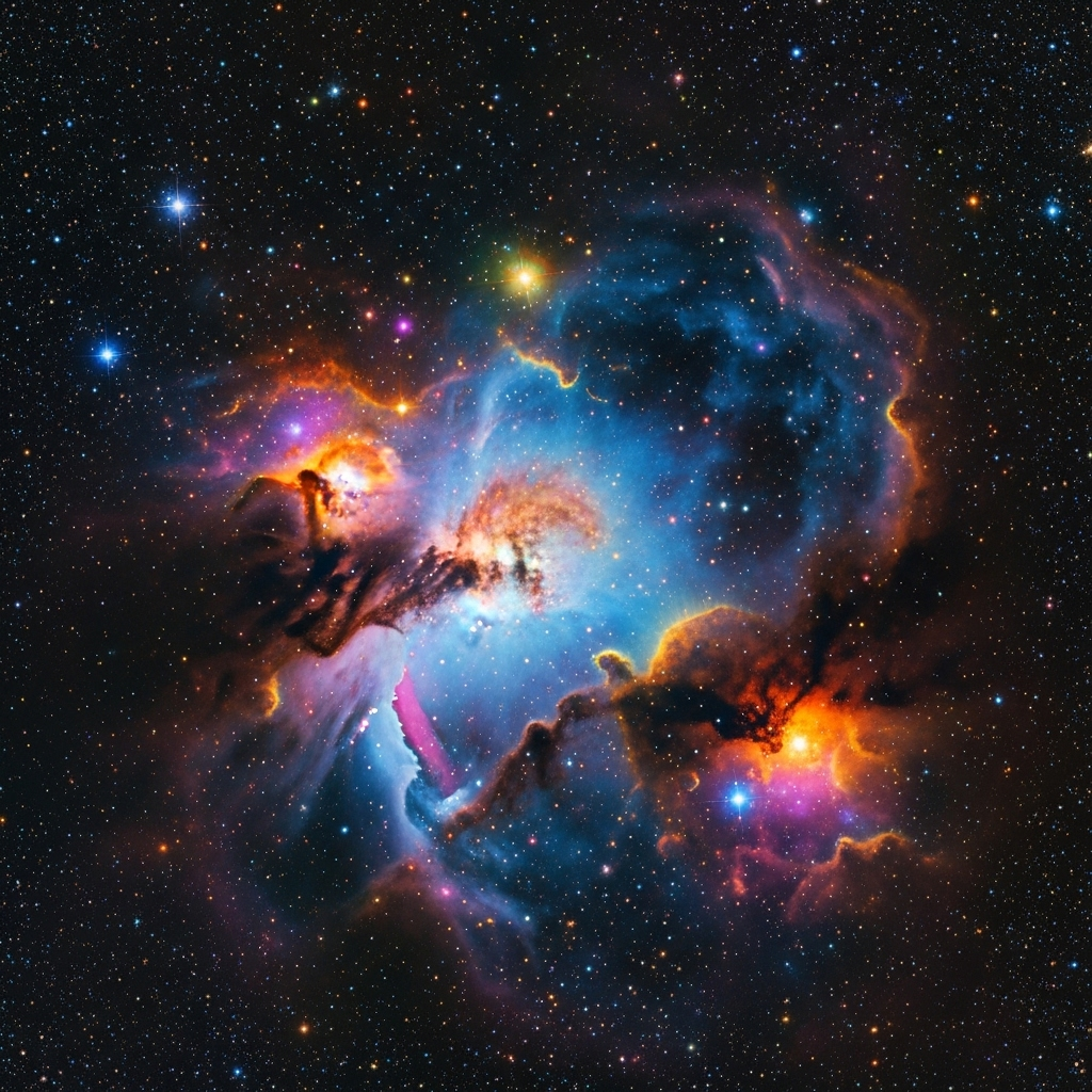 A beautiful and mystical nebula in deep space, showing swirling gases and dust in vibrant colors, with distant stars. No text. Style: celestial photography.