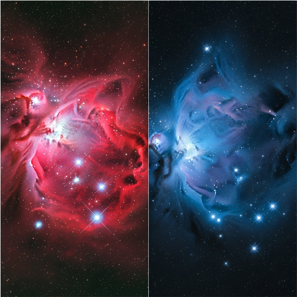 A split image or montage showing two nebulae. On one side, a bright, glowing emission nebula with hot, ionized gases (like Orion Nebula). On the other side, a reflective nebula, blueish, reflecting light from nearby stars (like Pleiades reflection nebula). No text. Style: astrophotography.