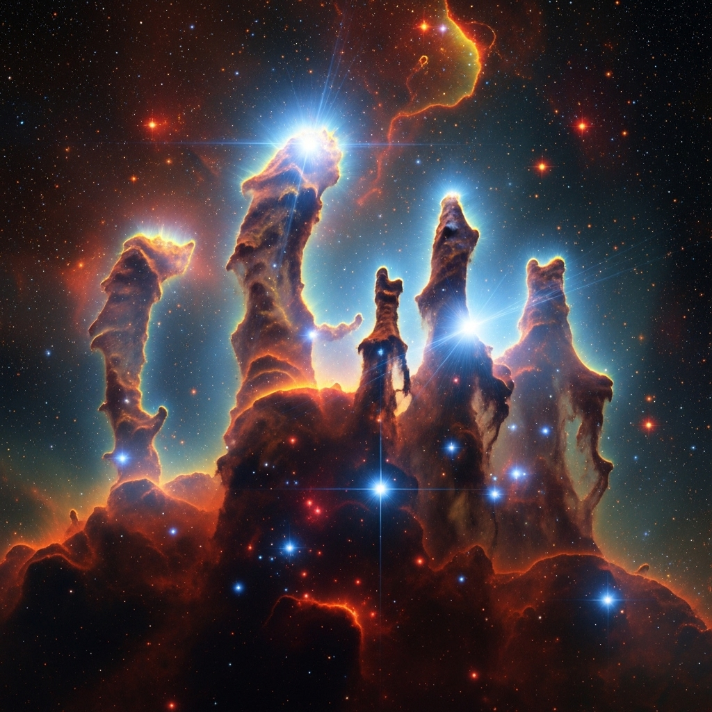 A dynamic and detailed image of a star-forming region within a nebula, showing dense gas pillars, newly born stars, and glowing filaments. Emphasize the birthplace of stars. No text. Style: detailed astronomical illustration.