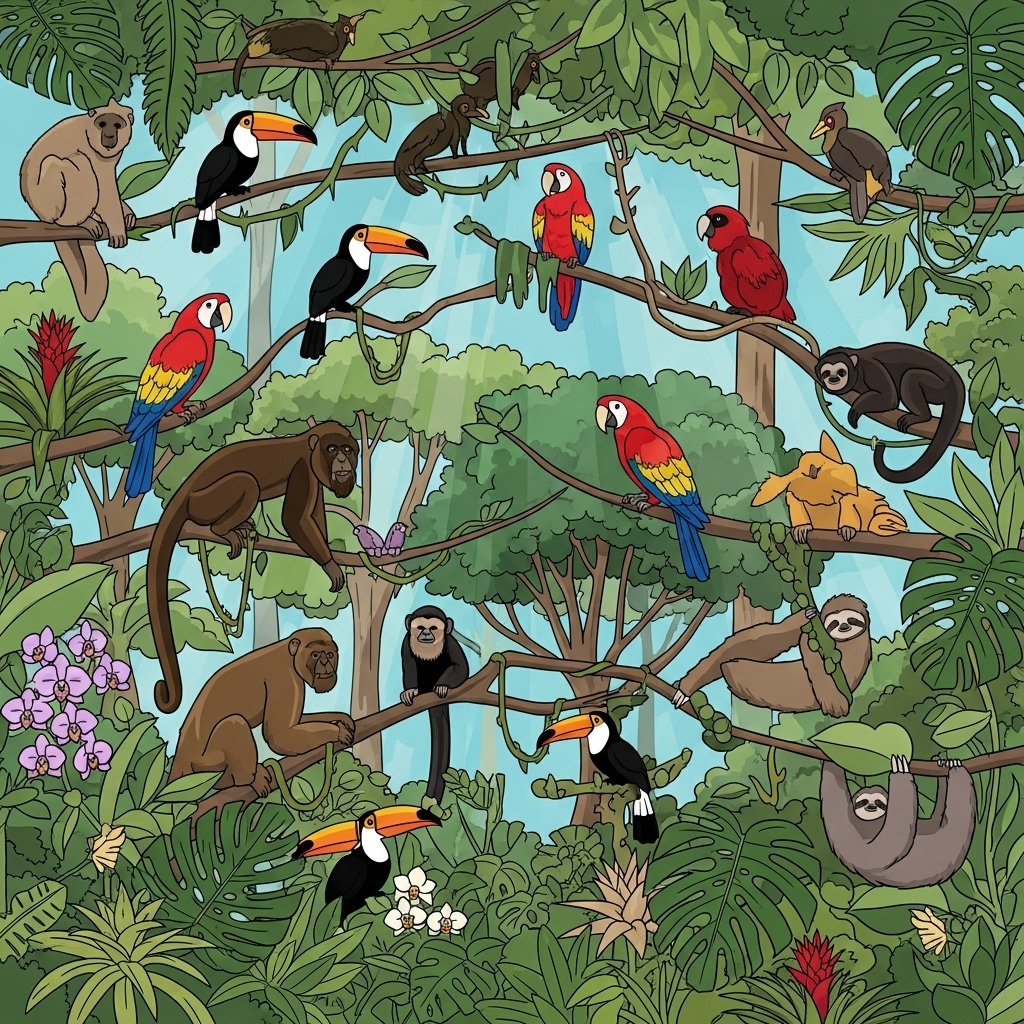 A vibrant and clean infographic style illustration of a dense tropical rainforest canopy, showcasing diverse wildlife like colorful birds, monkeys, and exotic plants. The scene emphasizes rich biodiversity and natural beauty. No text.