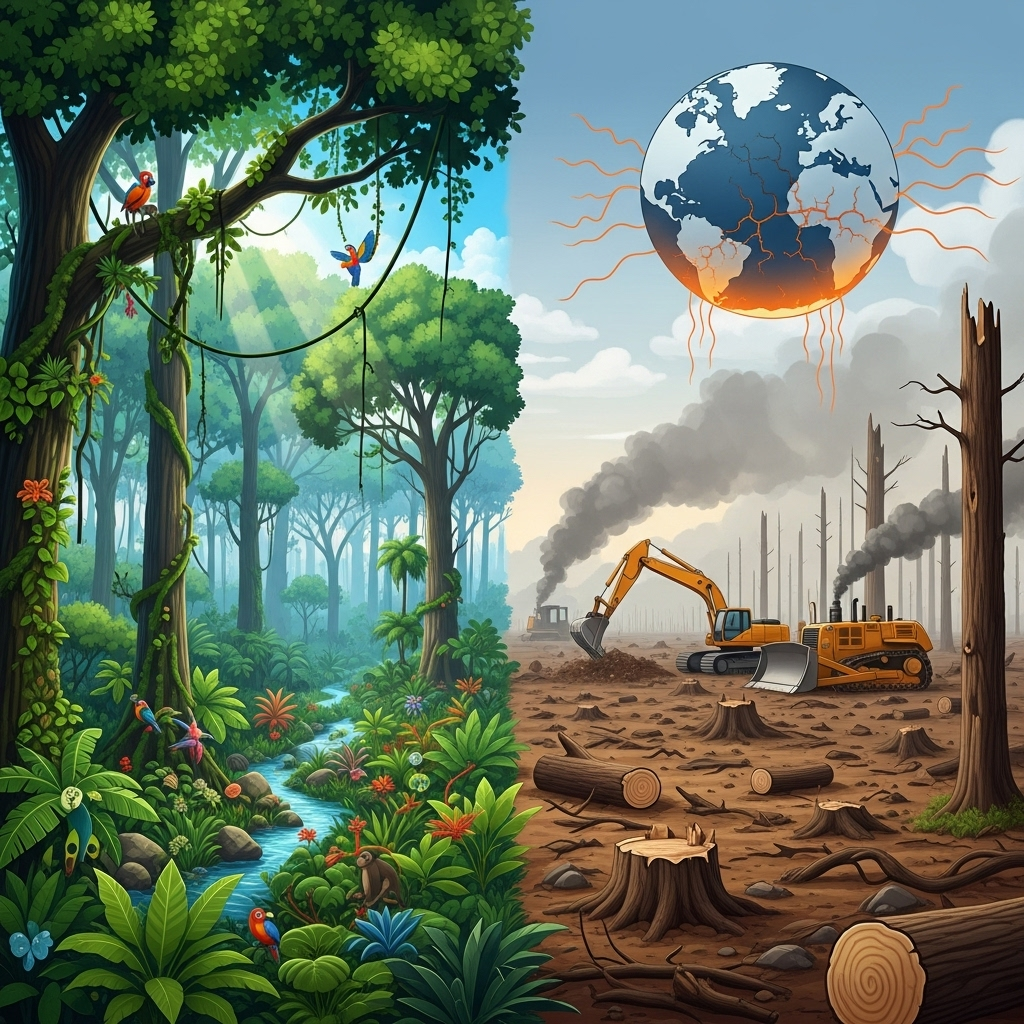 An illustration depicting both a healthy, lush tropical rainforest on one side and a deforested, barren area with heavy machinery and smoke on the other. Visual elements showing rising temperatures or a distressed planet in the background. No text.