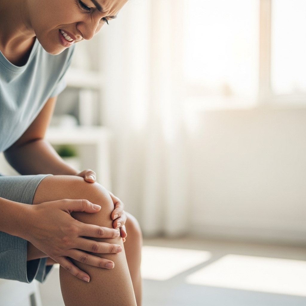 A person experiencing knee pain, holding their hand to their inner knee. The setting is bright and clean, perhaps a doctor's office or home. Style: lifestyle photography. No text.