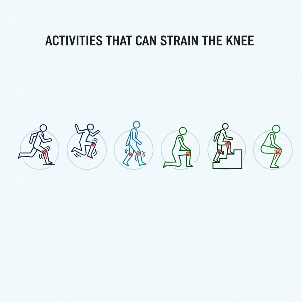 An infographic illustrating various activities that can strain the knee, such as running, jumping, and prolonged walking. Show clear, simple icons for each activity. Style: clean infographic. No text.