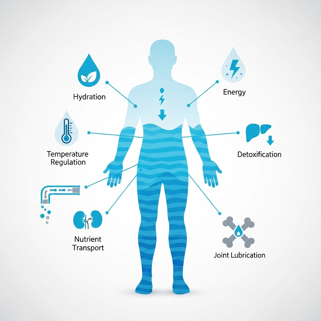 An infographic illustrating the vital role of water in the human body, with clear icons representing different body functions like hydration, energy, and detoxification. Clean, modern design. No text.