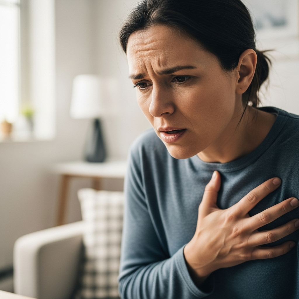 A person clutching their chest, looking concerned, indicating chest pain or discomfort. The setting is a normal indoor environment, like an office or home. Style: lifestyle photography. Natural lighting, no text.
