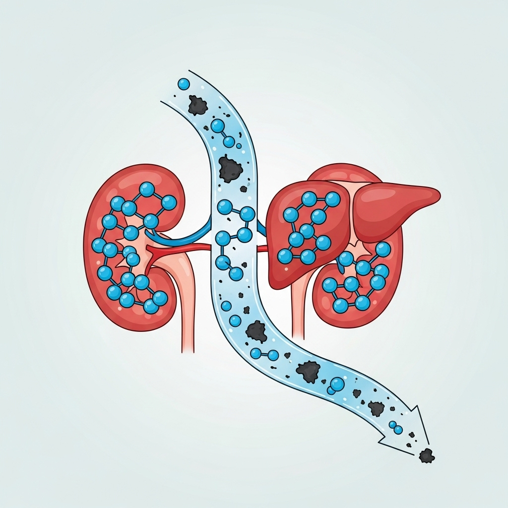 A vibrant, clear illustration of the human body's detoxification process, showing water molecules flushing out waste products from kidneys and liver. Clean infographic style. No text.