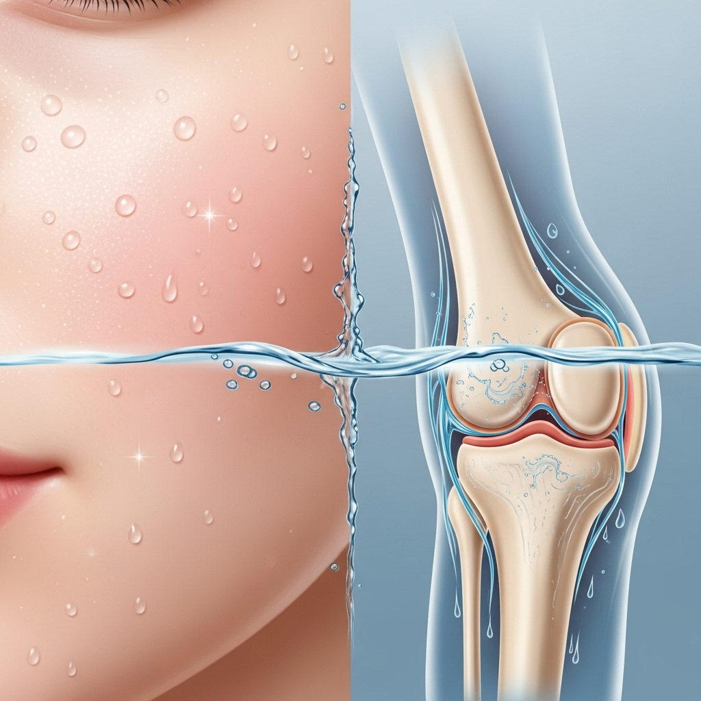 A split image or infographic showing a healthy, hydrated skin texture on one side and well-lubricated joints on the other, both emphasized by the presence of water. Lifestyle photography or clean illustration. No text.