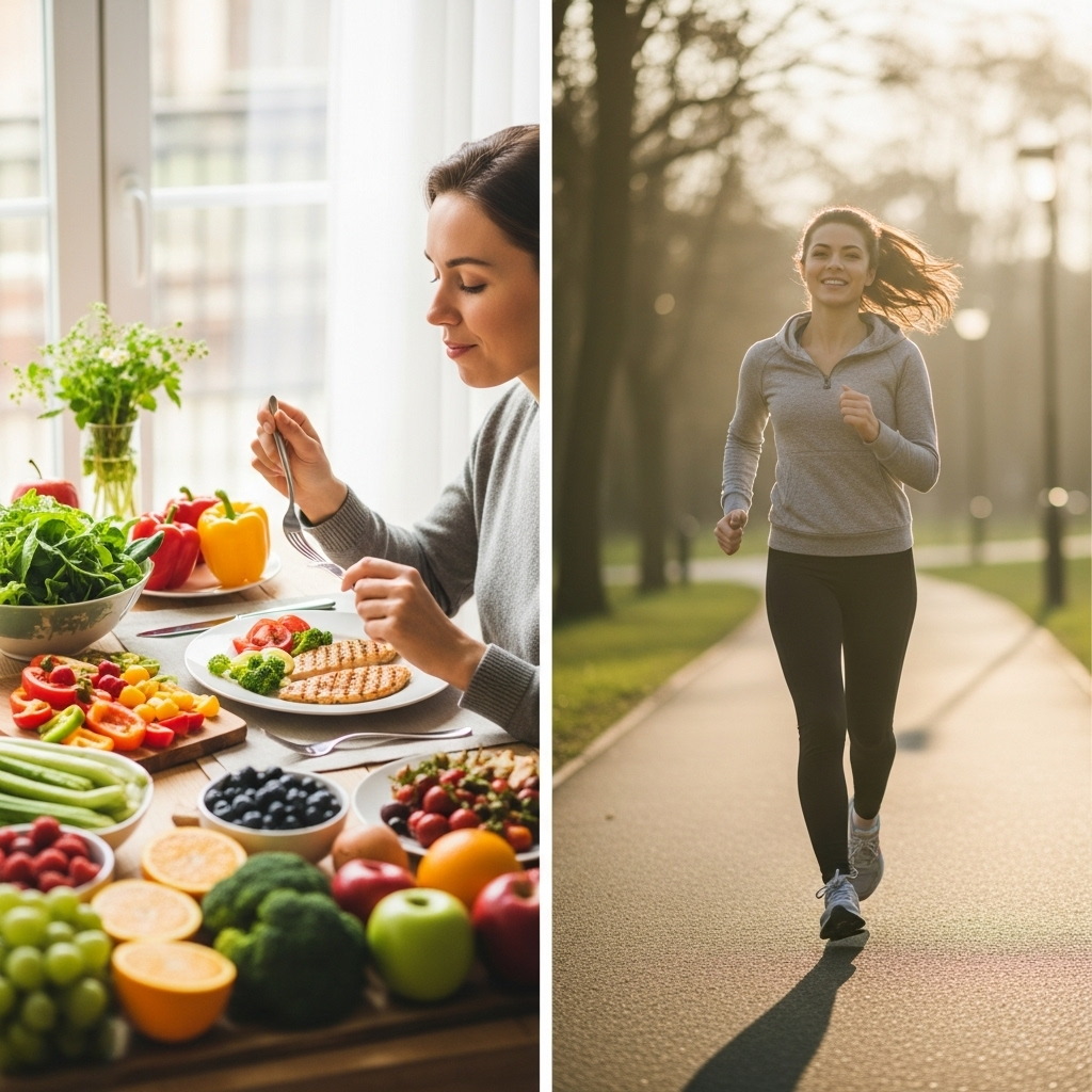 A person enjoying a balanced meal with plenty of vegetables and fruits, and another scene showing someone walking briskly outdoors, symbolizing healthy lifestyle choices for heart health. Style: lifestyle photography. Natural lighting, no text.