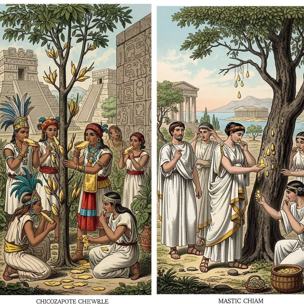 An illustration depicting ancient civilizations, such as Mayans chewing chicle or Greeks chewing mastic, against a backdrop of historical elements. The scene should convey a sense of ancient tradition and the long history of chewing. Style: historical illustration. No text.