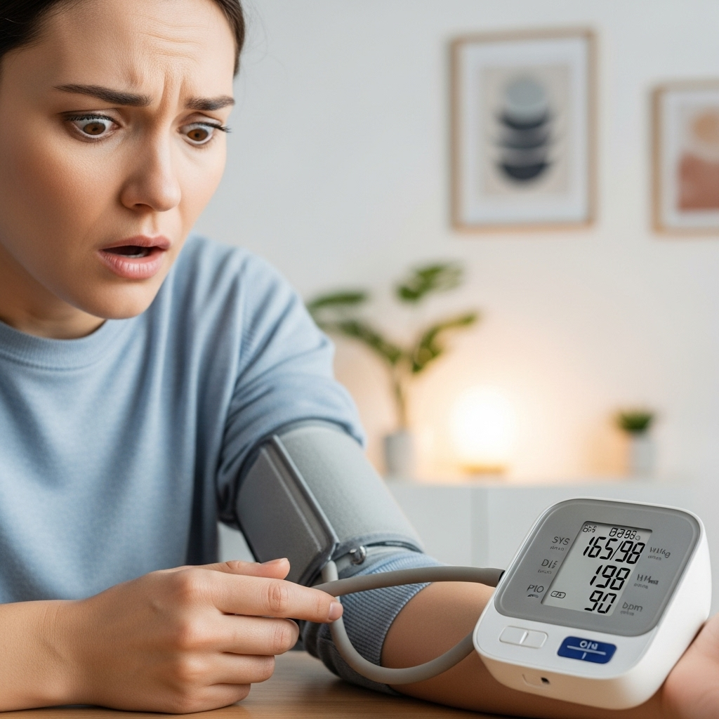 A person looking surprised and concerned while holding a blood pressure monitor, with the digital display showing high numbers. The background is a clean, modern home setting with soft lighting. Lifestyle photography, no text.
