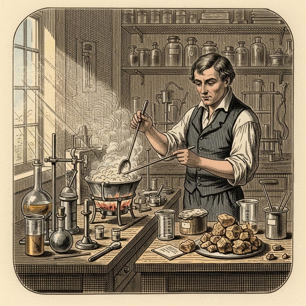 A historical illustration showing Thomas Adams in a 19th-century workshop, experimenting with chicle to create the first commercial chewing gum. The scene should convey a sense of innovation and discovery. Style: vintage illustration. No text.
