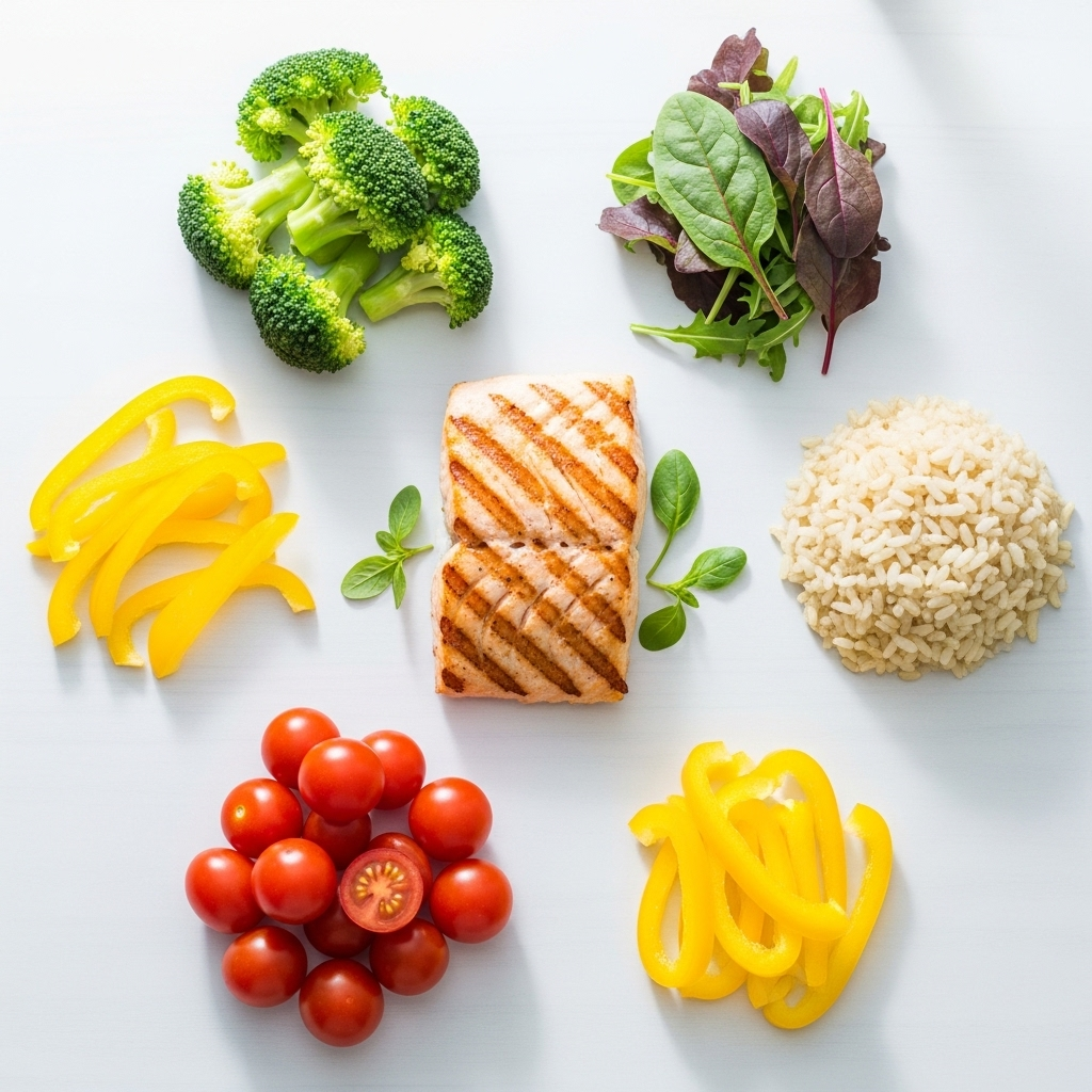 A vibrant flat lay of a healthy, low-sodium meal with fresh vegetables, grilled fish, and brown rice. The setting is bright and inviting, showcasing a balanced diet. Clean infographic style, no text.