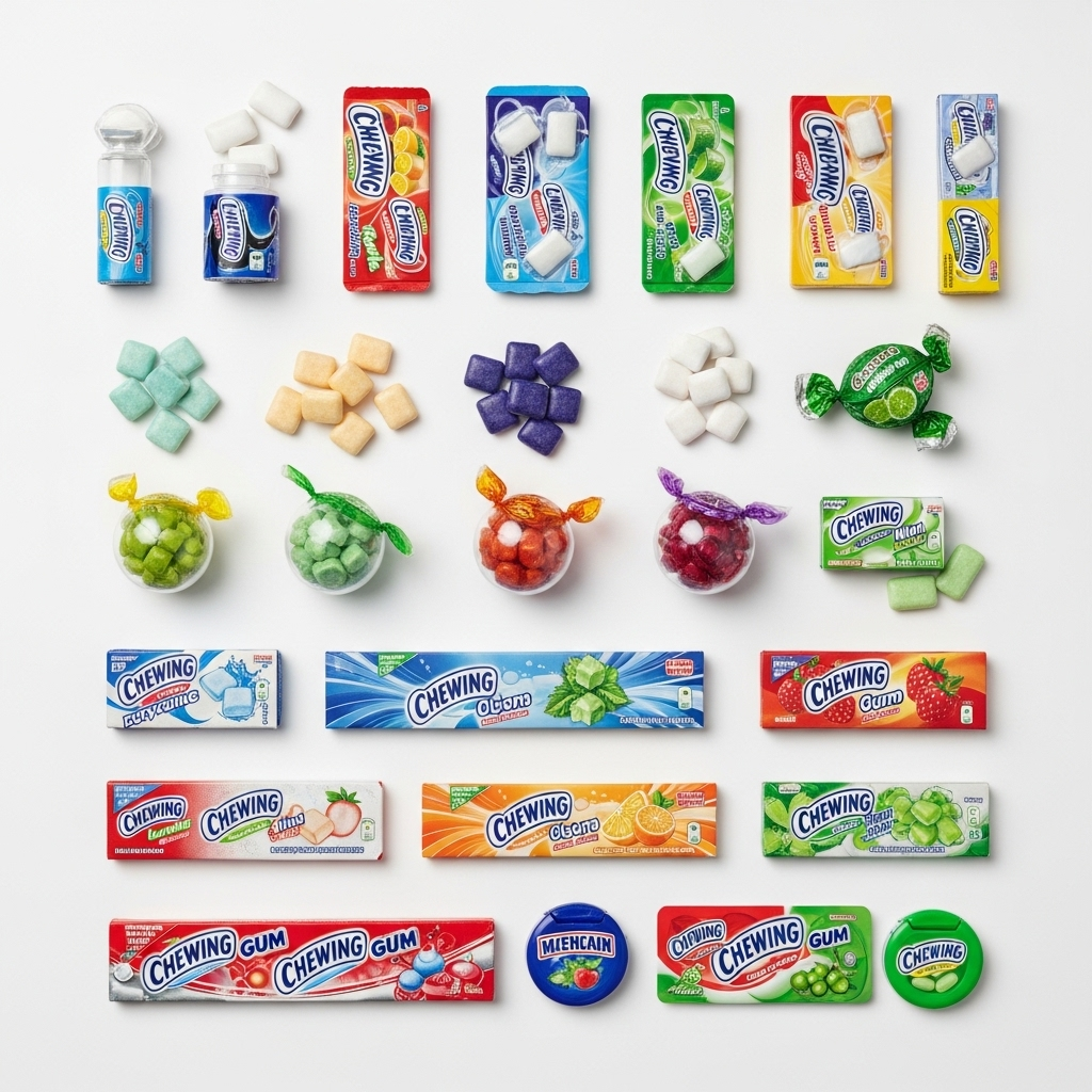 A clean infographic or still life photography featuring various modern chewing gum products, showcasing different flavors, shapes, and packaging. Emphasize the diversity and evolution of gum. Style: product photography or clean infographic. No text.