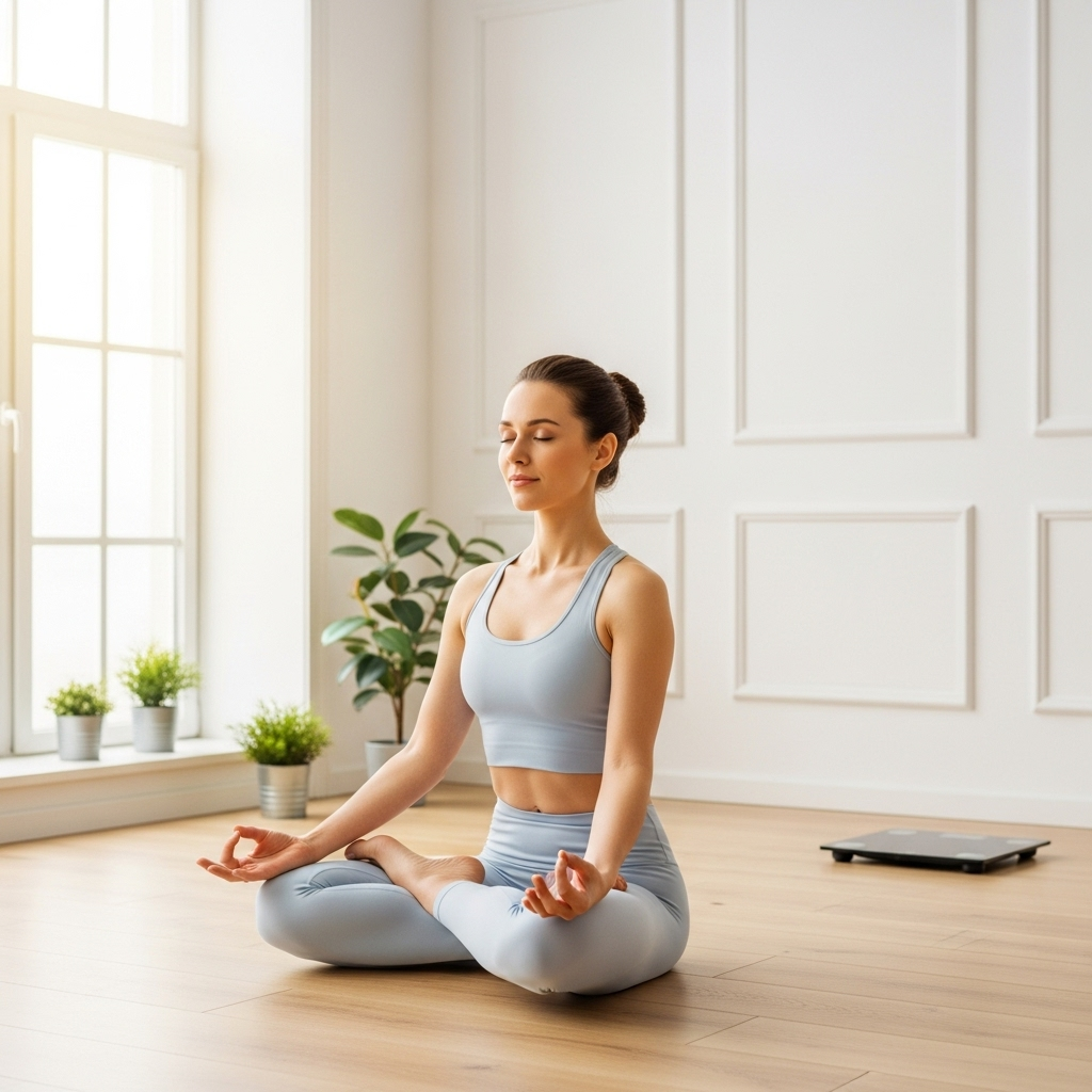 A serene woman practicing a gentle yoga pose in a bright, minimalist room, with a digital weighing scale subtly placed in the background. The scene conveys health and balance. Lifestyle photography with soft, natural lighting, no text.