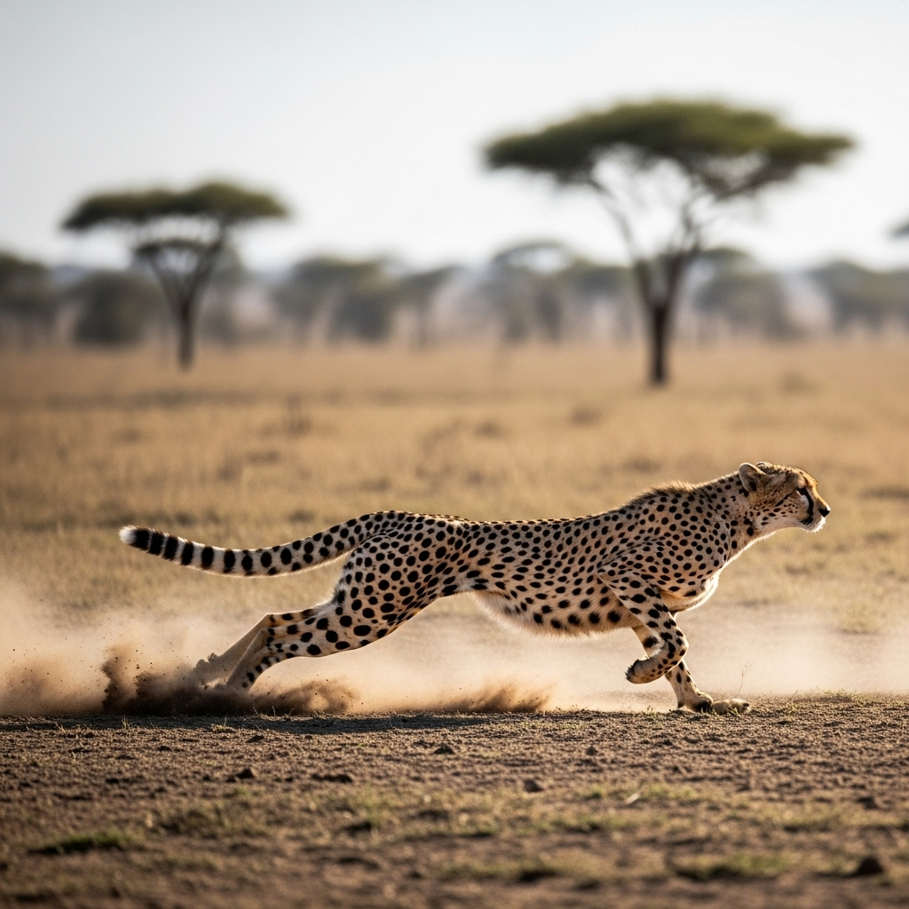 A dynamic, high-speed shot of a cheetah running across a vast savanna, dust kicking up. Emphasize its agile movement and streamlined body. Natural daylight, clear focus. Lifestyle photography. No text.