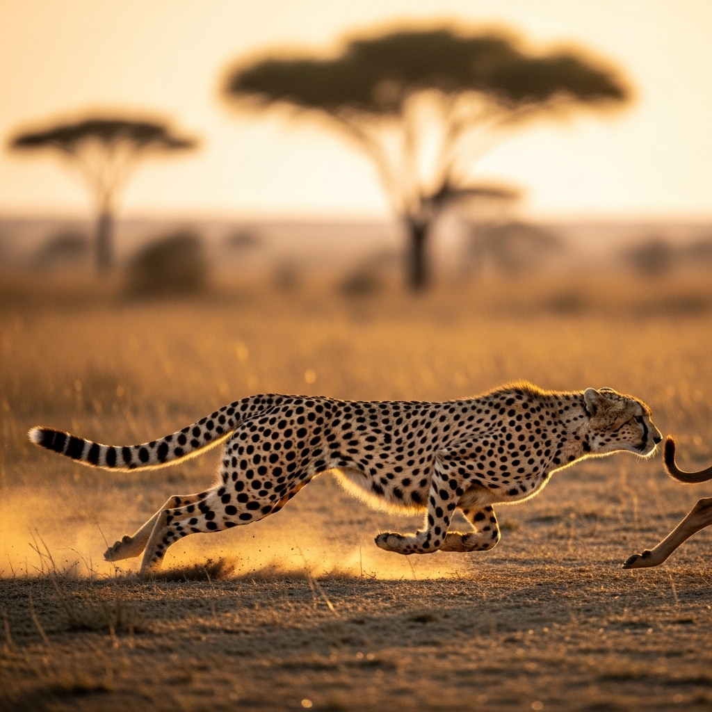 A powerful, action-shot of a cheetah in full sprint, chasing its prey in the African savanna. Focus on the intensity of the chase and the determination of the cheetah. Golden hour lighting. Lifestyle photography. No text.