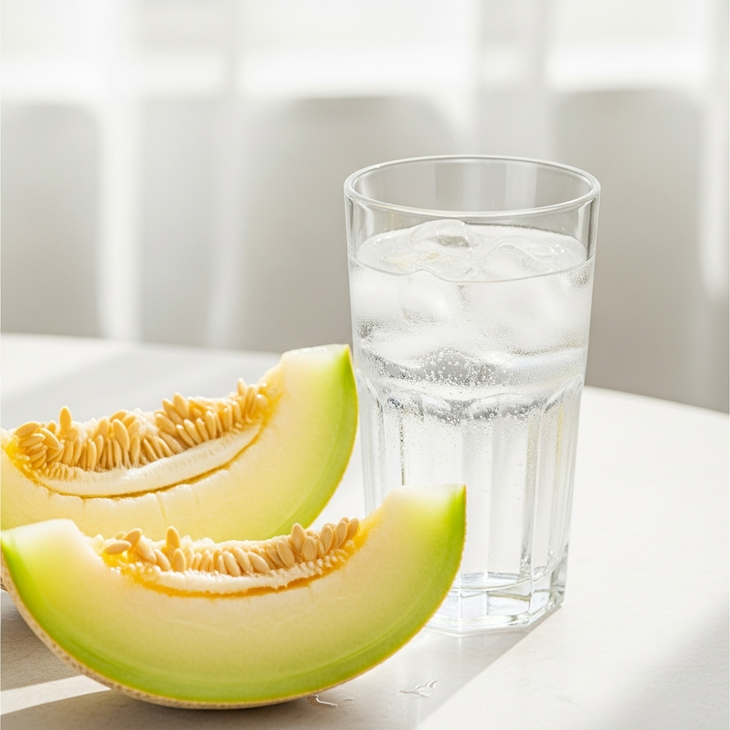 A refreshing lifestyle photo of a sliced Korean melon (chamoe) next to a glass of water with ice, symbolizing hydration and health. Bright, natural lighting, clean background. No text.
