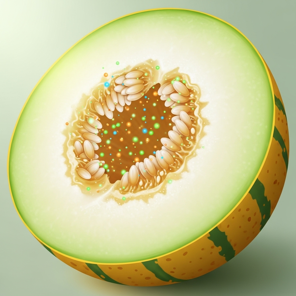 An artistic close-up infographic illustration showing a cross-section of a Korean melon (chamoe) with vibrant colors, highlighting tiny glowing particles representing vitamins and antioxidants. Clean, informative, no text.