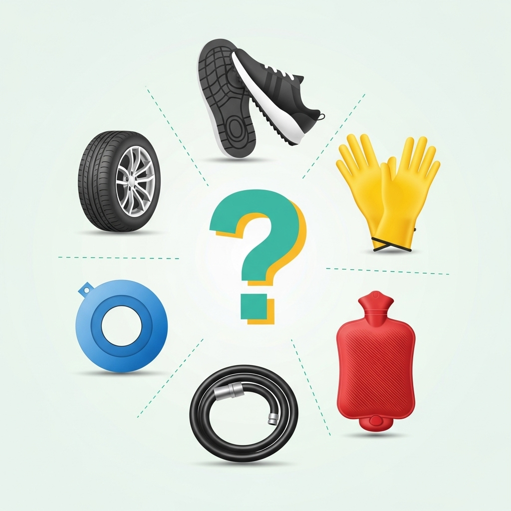 A visually appealing infographic showing various rubber products like tires, shoes, gloves, and industrial parts, subtly arranged around a central question mark, highlighting the ubiquity of rubber. Style: clean infographic. No text.