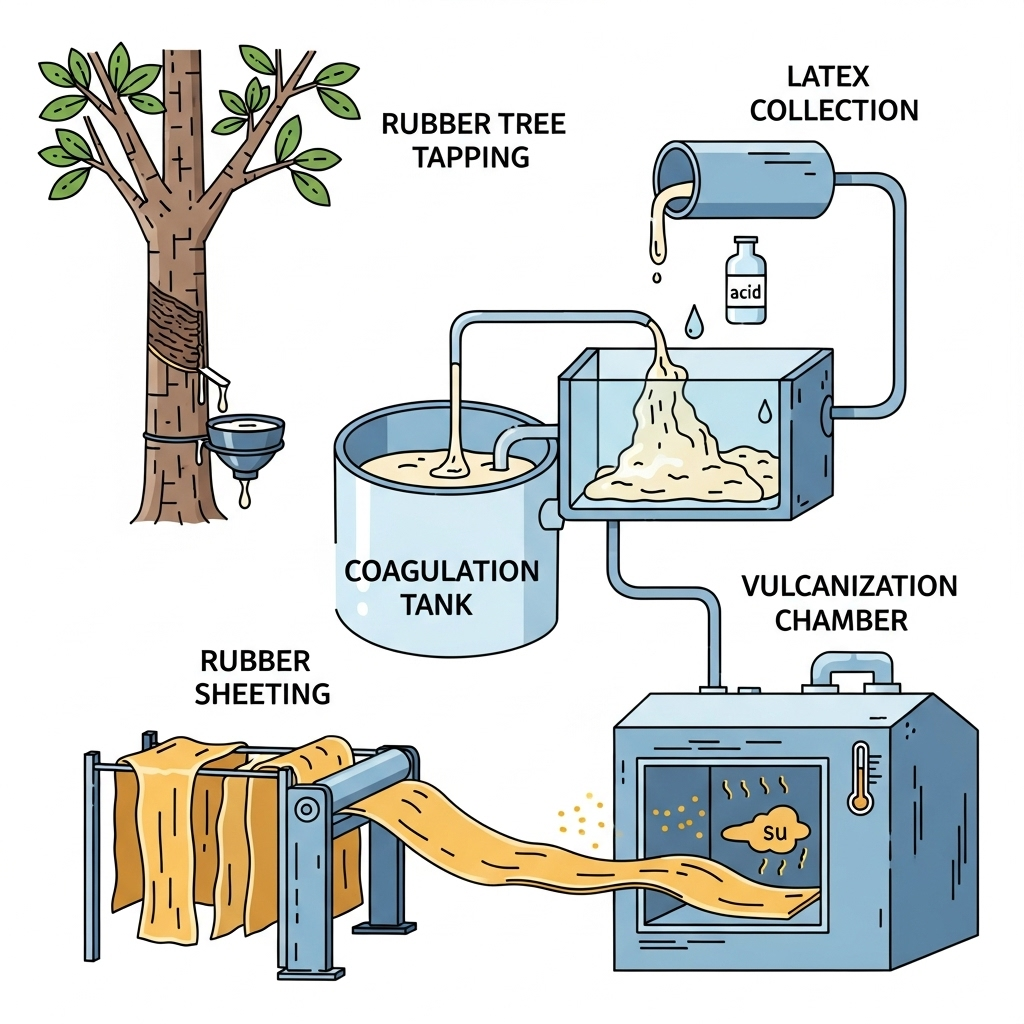 An illustrative infographic detailing the natural rubber manufacturing process. It shows a rubber tree being tapped for latex, the latex collected, then flowing into a coagulation tank, followed by sheets of rubber being processed, and finally a heated vulcanization chamber with sulfur. Style: clean infographic. No text.