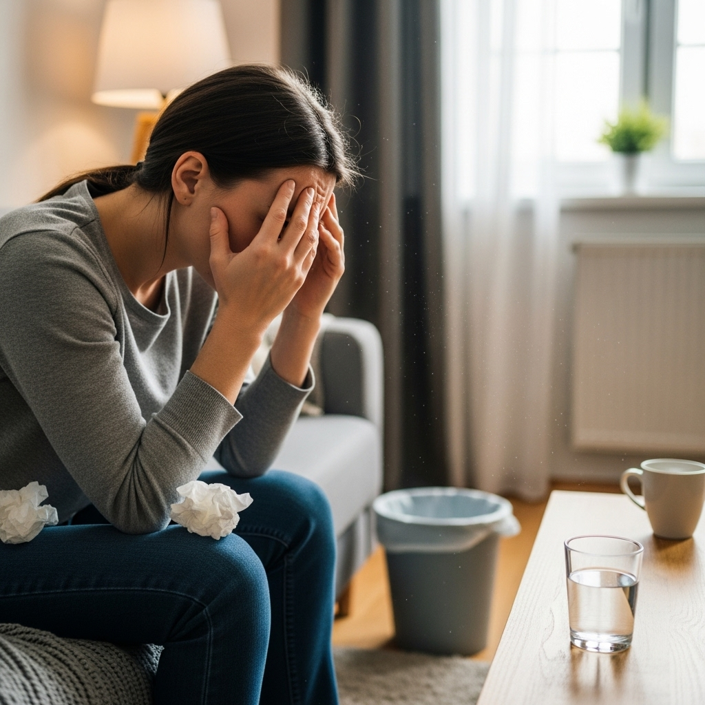A person experiencing severe headache, nausea, and vomiting, looking distressed. The setting is calm but the person's discomfort is evident. Lifestyle photography style, natural lighting. No text.