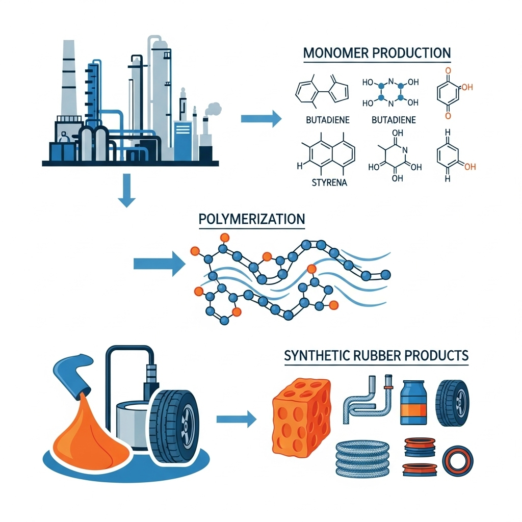 An illustrative diagram showing petroleum being refined into chemical monomers, then these monomers linking together in a polymerization process to form long polymer chains. The final stage shows the synthetic rubber being molded into various industrial products. Style: clean infographic. No text.