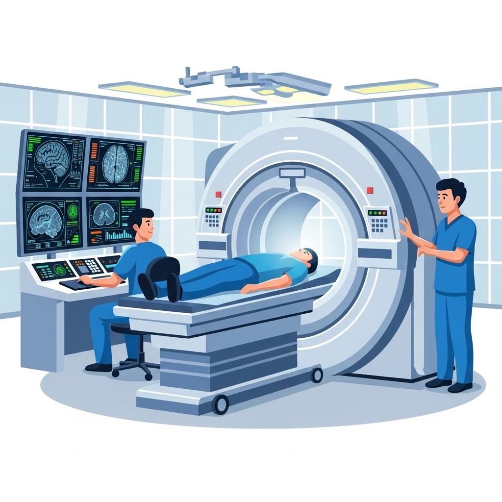 A person undergoing a brain scan (MRI or CT) in a hospital setting, showing medical professionals attending. Emphasize advanced medical technology and a serious but hopeful atmosphere. Clean infographic style. No text.
